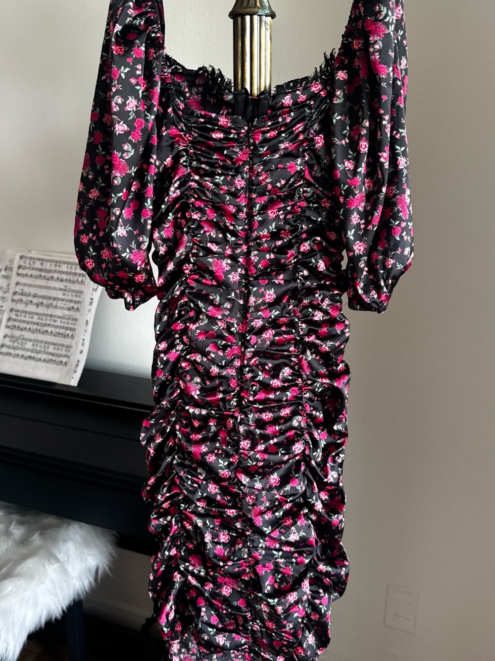 For Love And Lemons Black with Pink Floral Ruched Puff-Sleeve Mini Dress - Picture 4 of 5